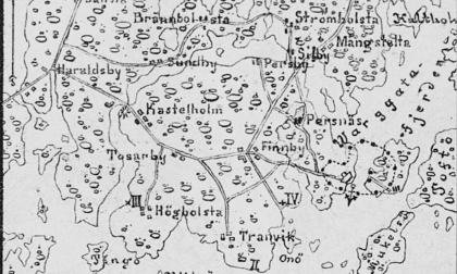 Enkel kartskiss där de fyra landstigningsplatserna finns med. Ur Finsk militär tidskrift från 1884.