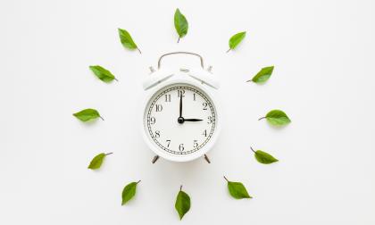 Green leaves around white alarm clock on light table background. Time change concept. Closeup. Top down view.