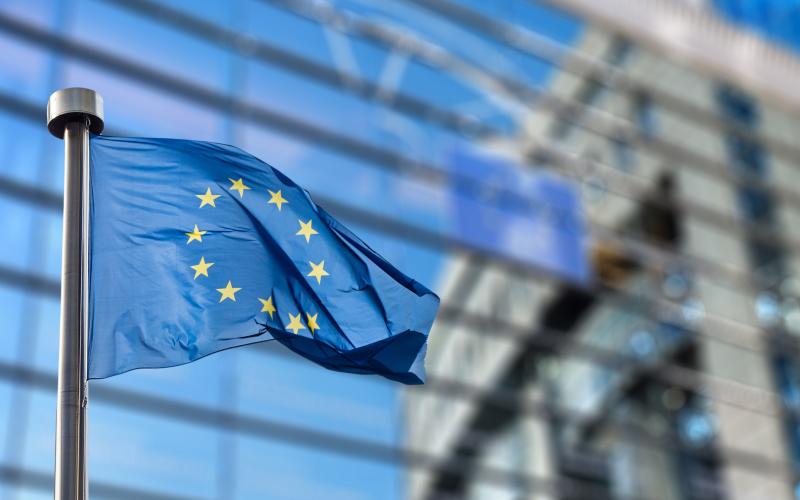 European Union flags in front of the blurred European Parliament in Brussels, Belgium