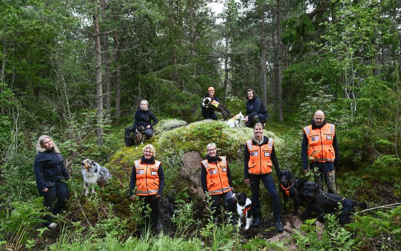 Delar av Ålands räddningshunds klubbs medlemmar. Överst Åsa Törnroos med Nelson, Myra Forsström med Jan-Erik och Elin Granholm med Chelsea.Nedre raden från vänster Catharina Hewnriksson med Uno, Linda Phil med Harry, Christel Sundman med Enya, Maria Fjäder med Xo och Kristian Lundström med Pelle.