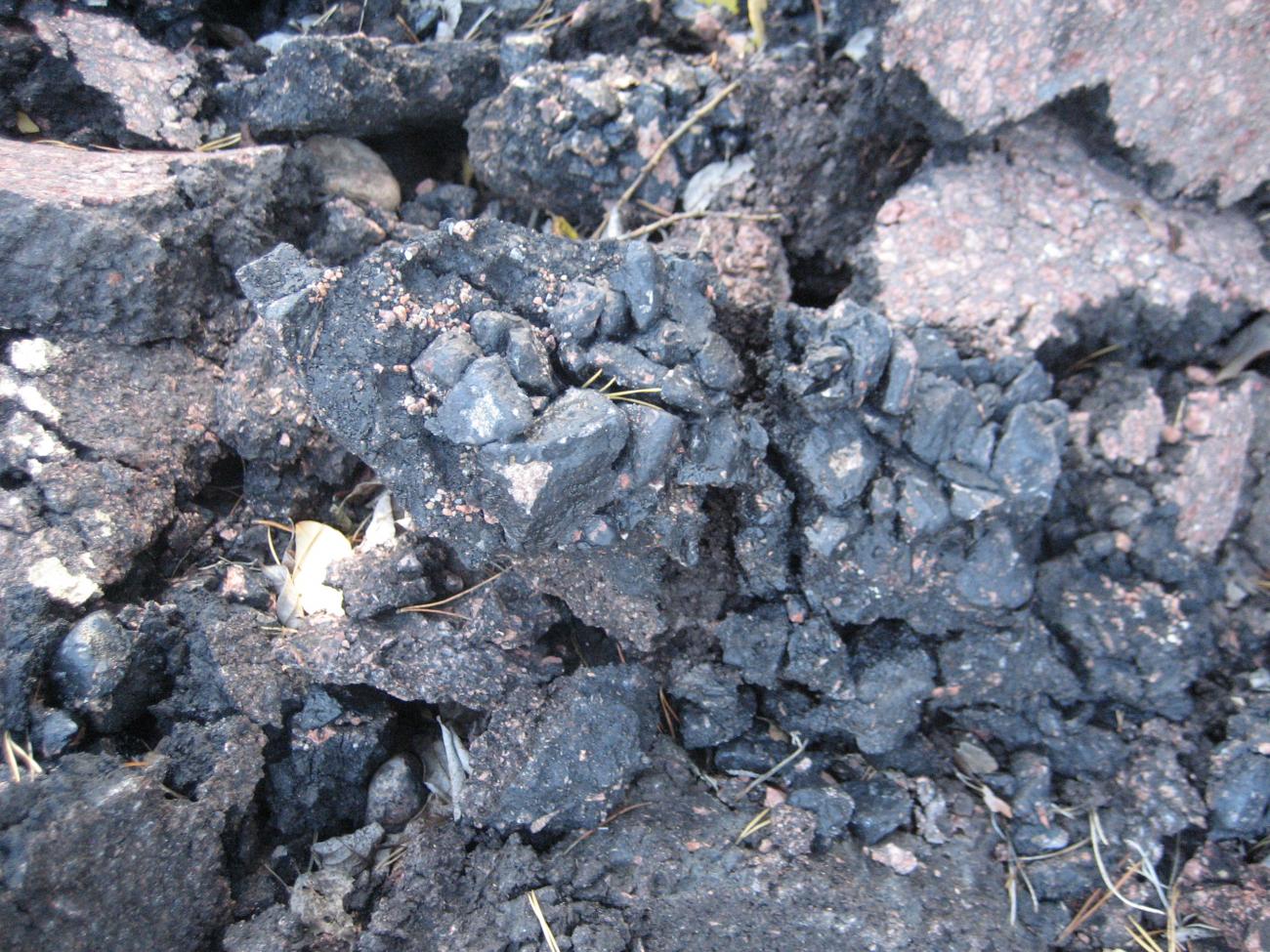 Landskapet har dumpat gammal asfalt i skog i Lemland .Asfaltshög *** Local Caption *** @Bildtext:Utan tester kan man inte med hundraprocentig säkerhet slå fast att det finns stenkolstjära i asfaltsresterna. Men stenarna glittrar på samma sätt som på Ab Rafael där ämnet är konstaterat. Och lukten är densamma.