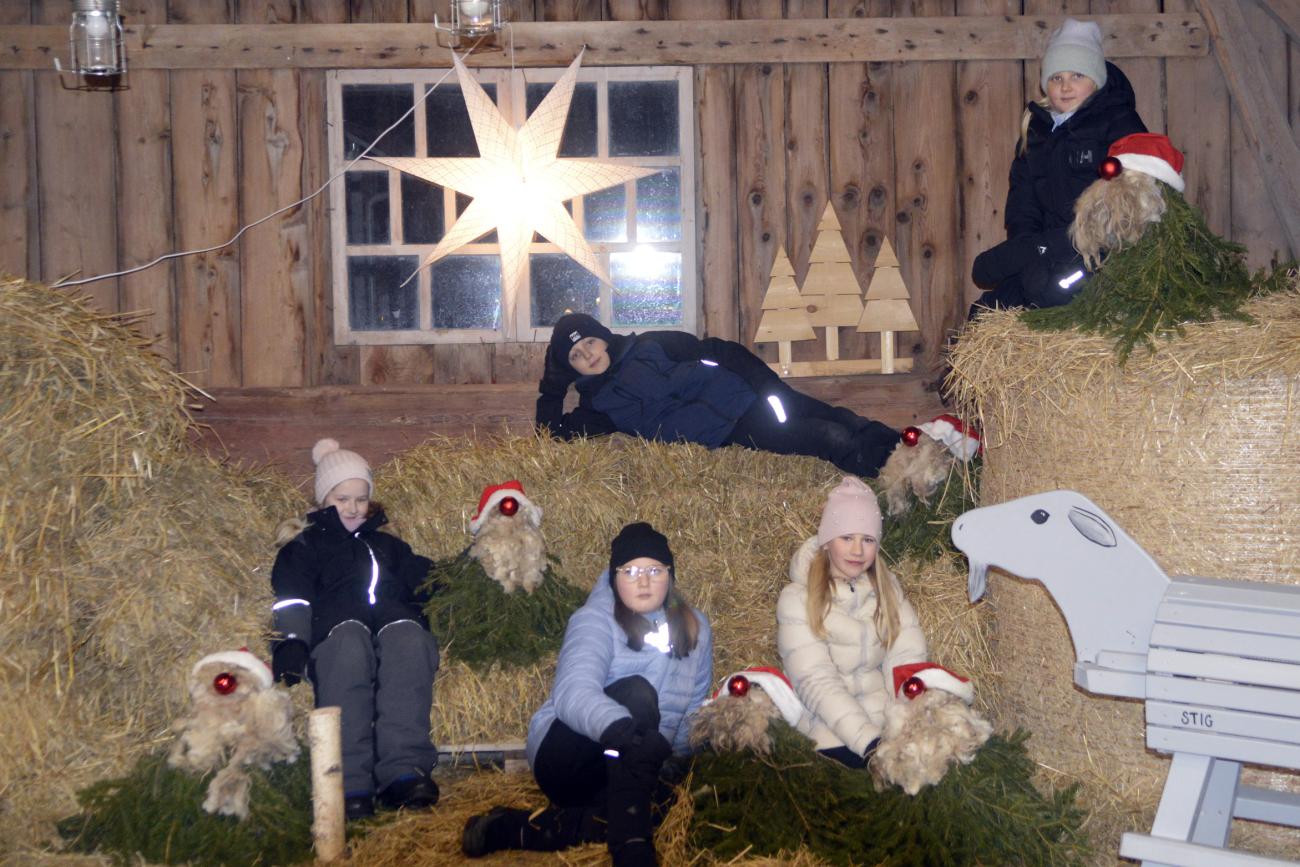 På logen samlades ungdomar i 4H för att julpyssla grantomtar. Från vänster Amanda Ruotimaa, Wilton Sjölund, Annie Andersson, Ella Westman och Betty Dahlén.