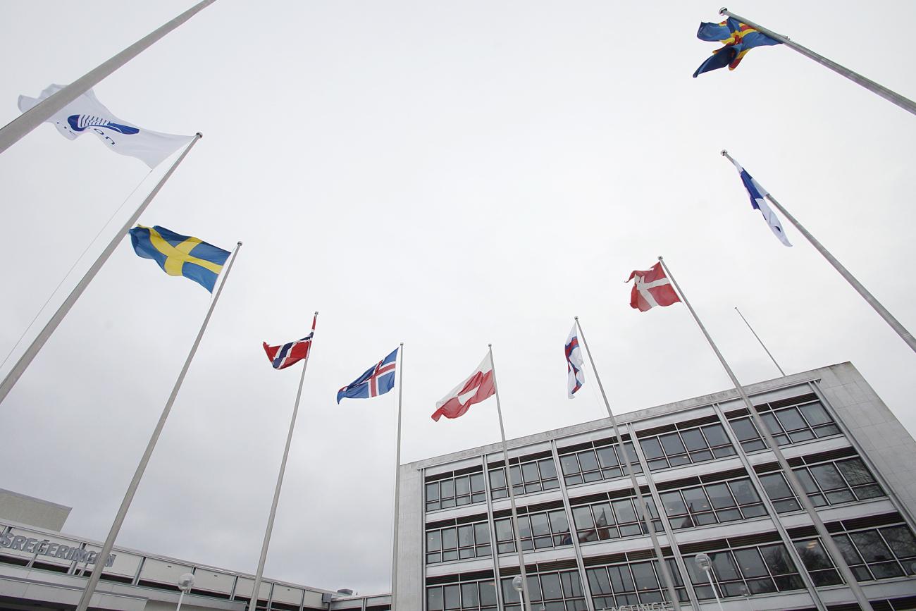 Under 2022 har man samarbetat kring havsbaserad vindkraft och transporter inom Nordiska rådet, enligt verksamhetsberättelsen, som presenterades för Ålands lagting i förra veckan. På bilden syns alla nordiska flaggor.